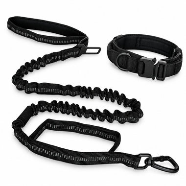Black bungee tactical dog harness and leash set, front view
