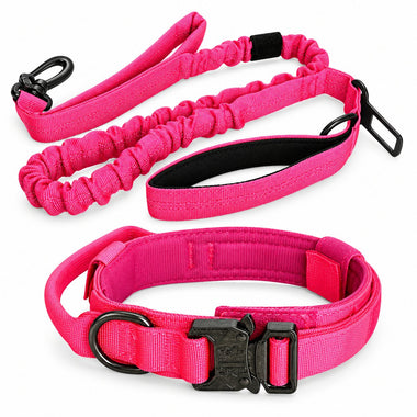 Pink bungee tactical dog harness and leash set, front view