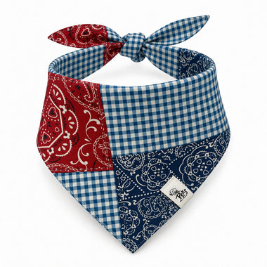 western patchwork tie-on dog bandana, front view