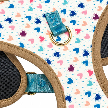 White fashion print dog harness, detail view