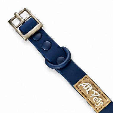 Blue PVC dog collar, detail view