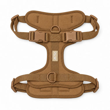 Brown soft padded dog harness, front view