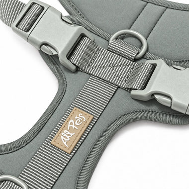 Grey soft padded dog harness, front view