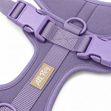 Lavender soft padded dog harness, front view