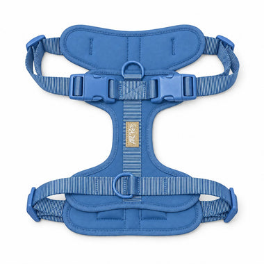 Blue soft padded dog harness, front view