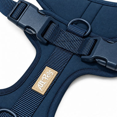Blue soft padded dog harness, front view