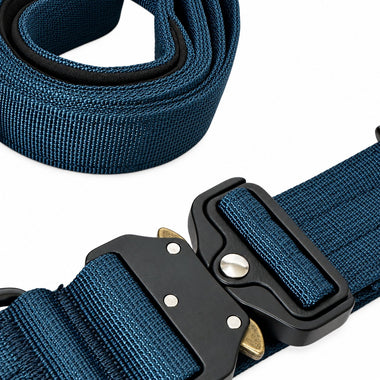 Blue tactical dog collar and leash set, detail view