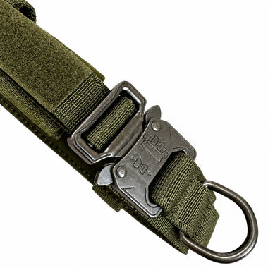 Olive bungee tactical dog harness and leash set, front view