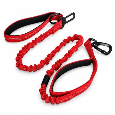 Red bungee tactical dog harness and leash set, detail view