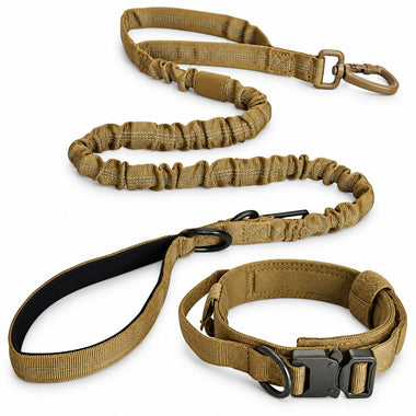 Tan bungee tactical dog harness and leash set, front view