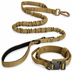 Tan bungee tactical dog harness and leash set, front view