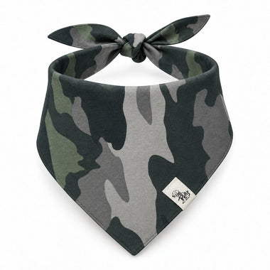 camo print tie-on dog bandana, front view
