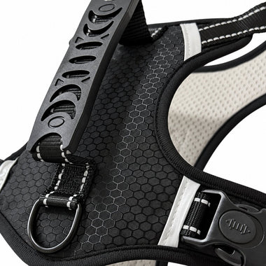 Black control dog harness, detail view