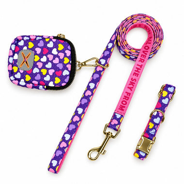 Purple fashion print dog harness, front view