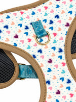 White fashion print dog harness, detail view