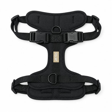 Black soft padded dog harness, front view