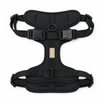 Black soft padded dog harness, front view