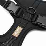 Black soft padded dog harness, detail view