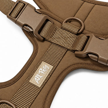 Brown soft padded dog harness, detail view