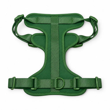 Green soft padded dog harness, front view