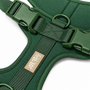 Green soft padded dog harness, detail view
