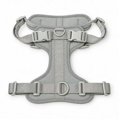 Grey soft padded dog harness, detail view