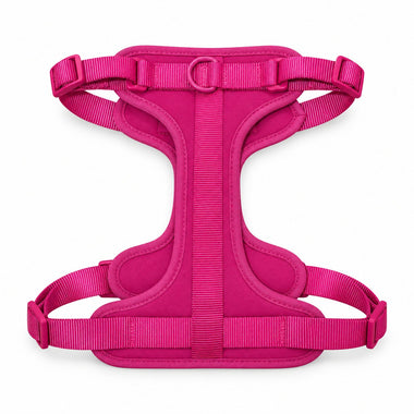 Pink soft padded dog harness, front view