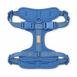 Blue soft padded dog harness, front view