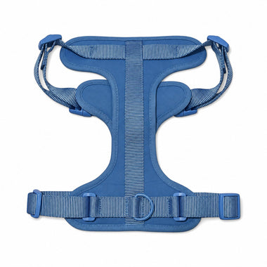 Blue soft padded dog harness, detail view