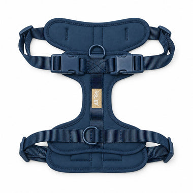 Blue soft padded dog harness, detail view