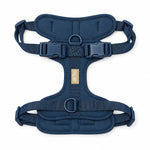 Blue soft padded dog harness, detail view