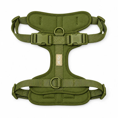 Olive soft padded dog harness, front view