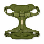 Olive soft padded dog harness, front view