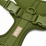 Olive soft padded dog harness, detail view