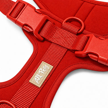 Red soft padded dog harness, detail view