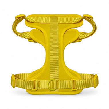 Yellow soft padded dog harness, detail view