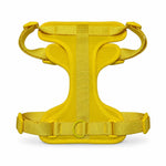 Yellow soft padded dog harness, detail view
