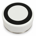 White stainless steel dog bowl, underside view