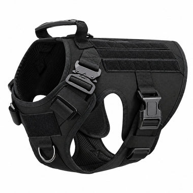 Black tactical dog harness, front view