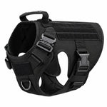 Black tactical dog harness, front view