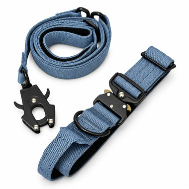 Blue tactical dog collar and leash set, detail view