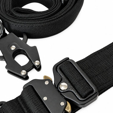 Black tactical dog collar and leash set, detail view
