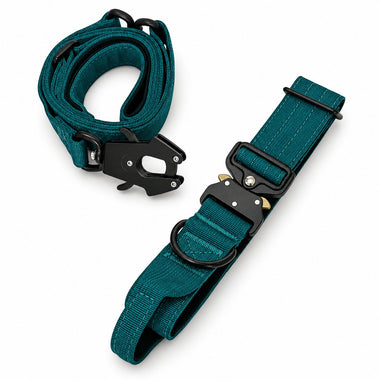 Teal tactical dog collar and leash set, detail view